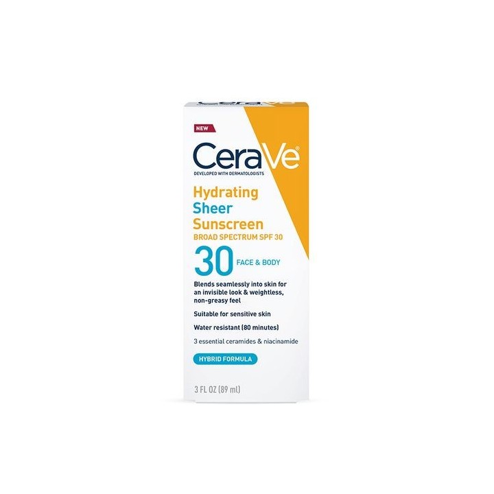 CeraVe Hydrating Sheer Sunscreen Broad Spectrum SPF 30 for Face & Body